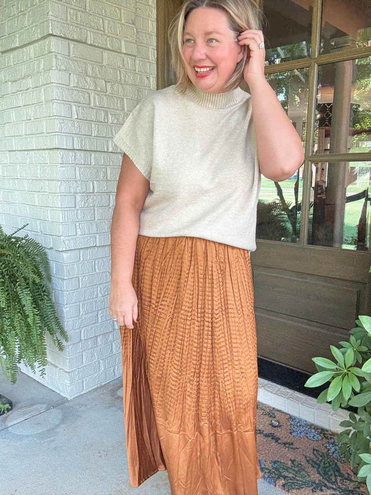 Glam Satin Wrinkled Skirt - Camel