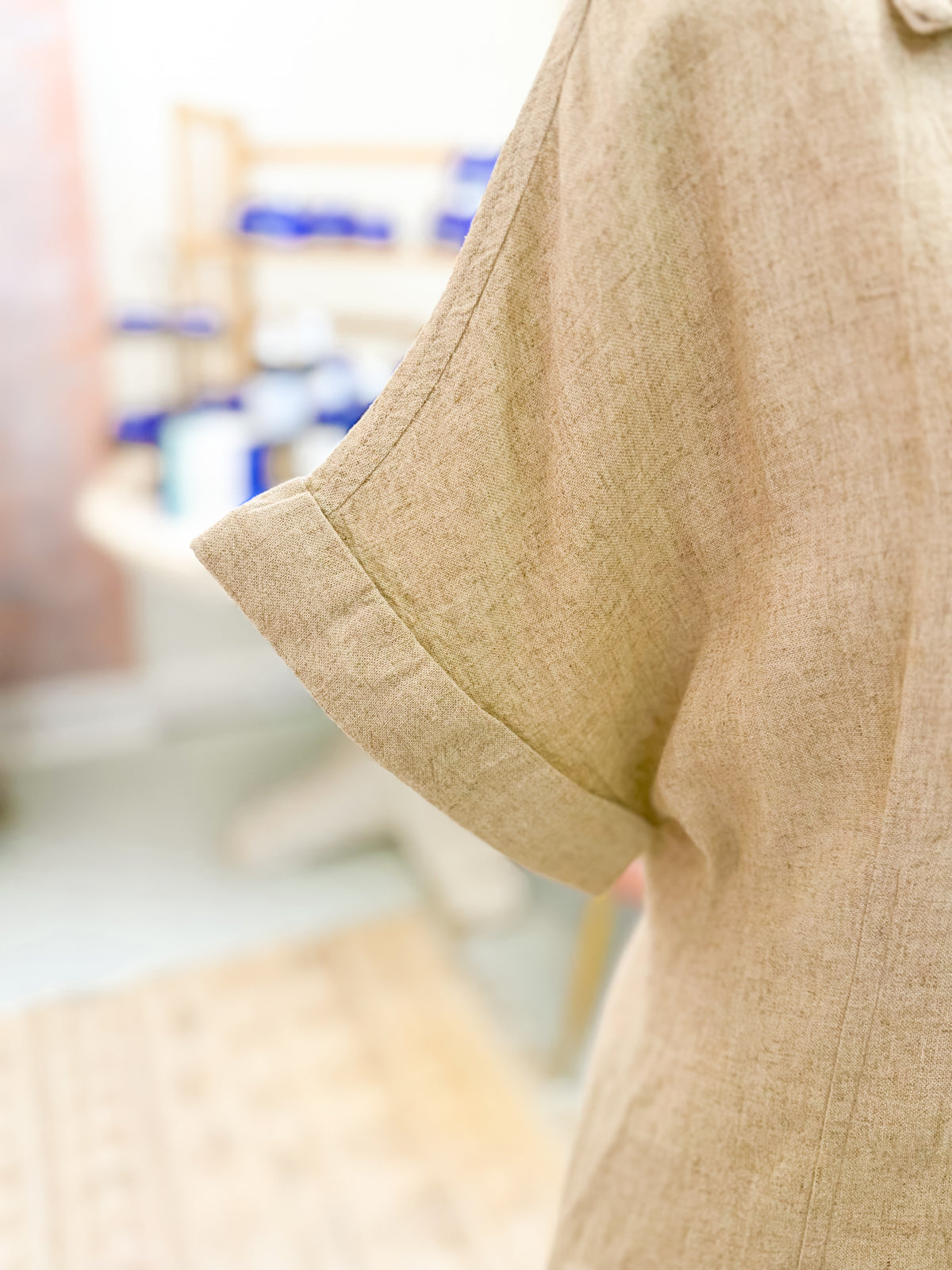 Short Sleeve Button Down Midi Dress - Beige