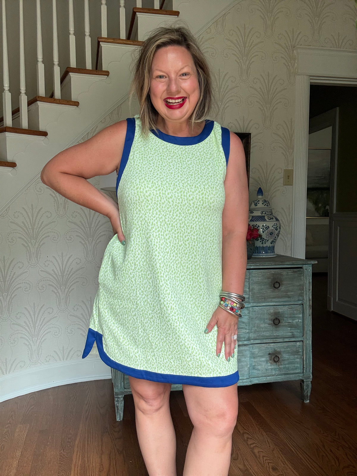 Happy Runaround Dress - Lime w/Blue Trim