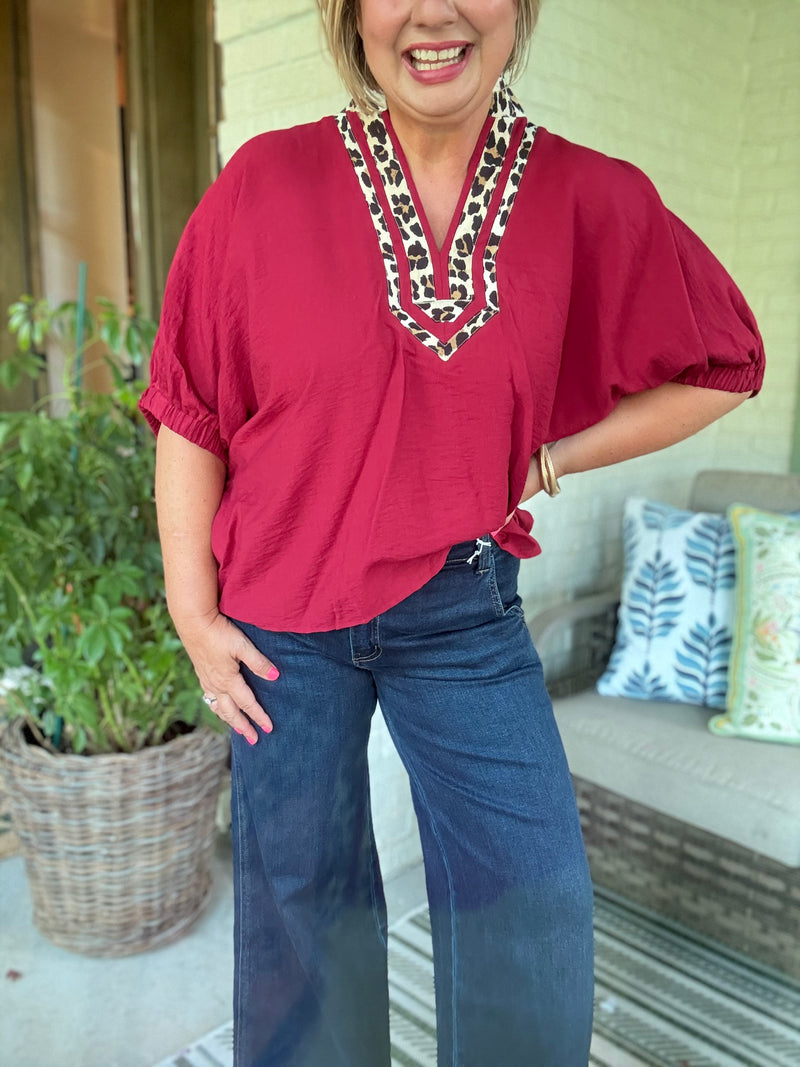 Trimmed in Leopard Top - Garnet