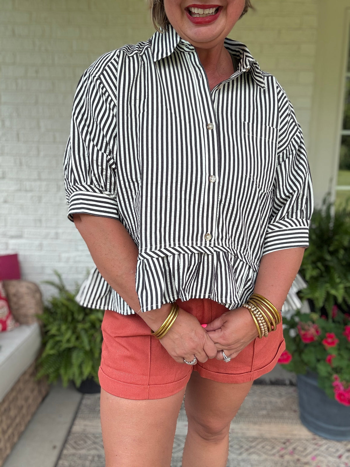 Falling for Stripes Ruffle Top - Black