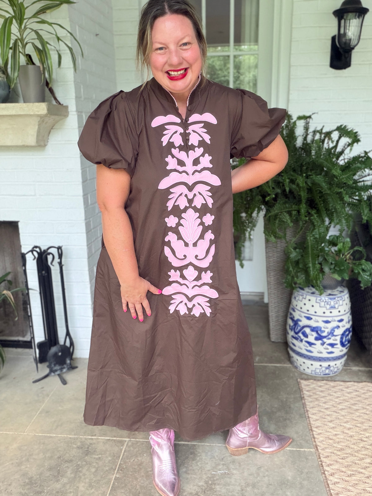 Brown and Pink Floral Puff Sleeve Dress