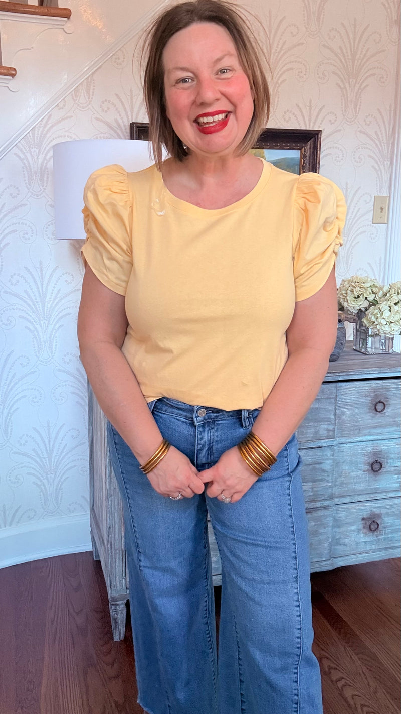 Gathered Short Sleeve Crew Neck Top - Yellow