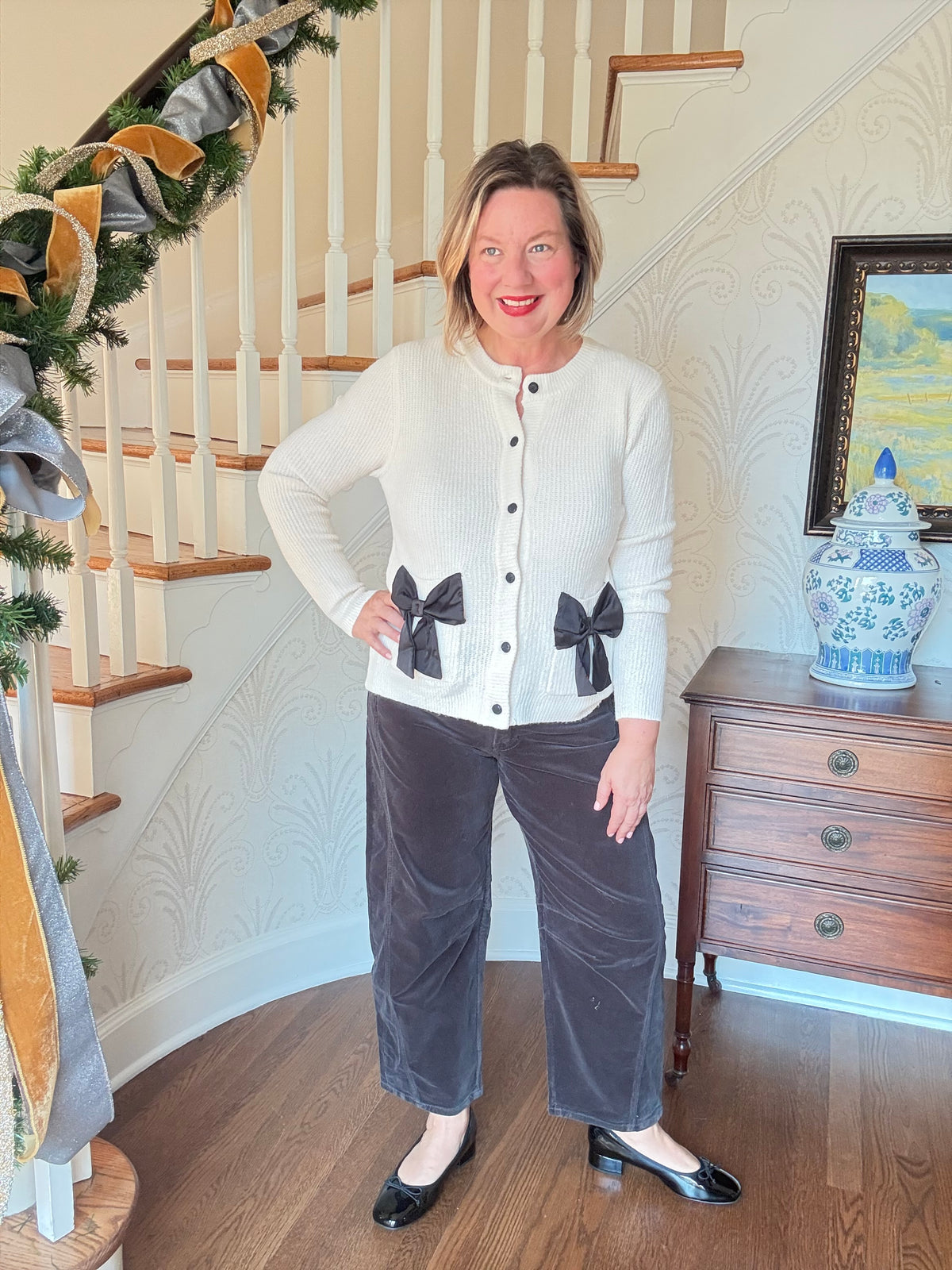 Cream Black Bow Pocket Cardigan