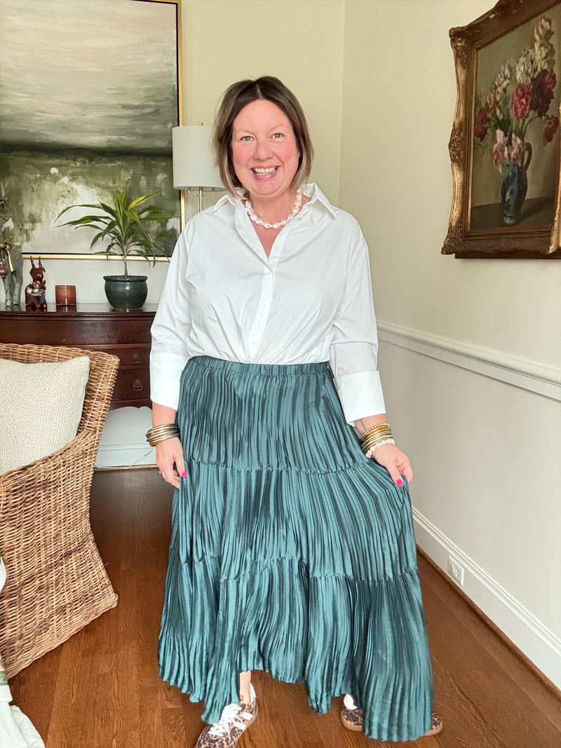Special Pleated 3 Tiered Long Skirt - Hunter Green