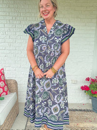 Golden Season Dress w/ Ruffle Sleeve - Navy