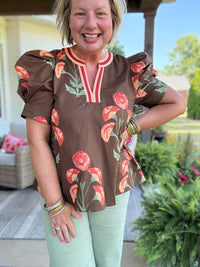 Avery Floral Puff Sleeve Top - Brown