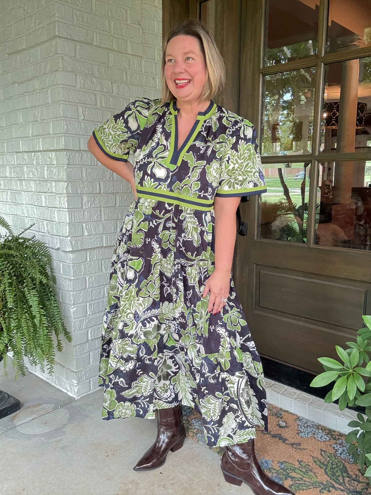 Navy Green Floral Boho Print Dress - Navy