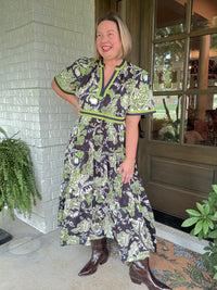 Navy Green Floral Boho Print Dress - Navy