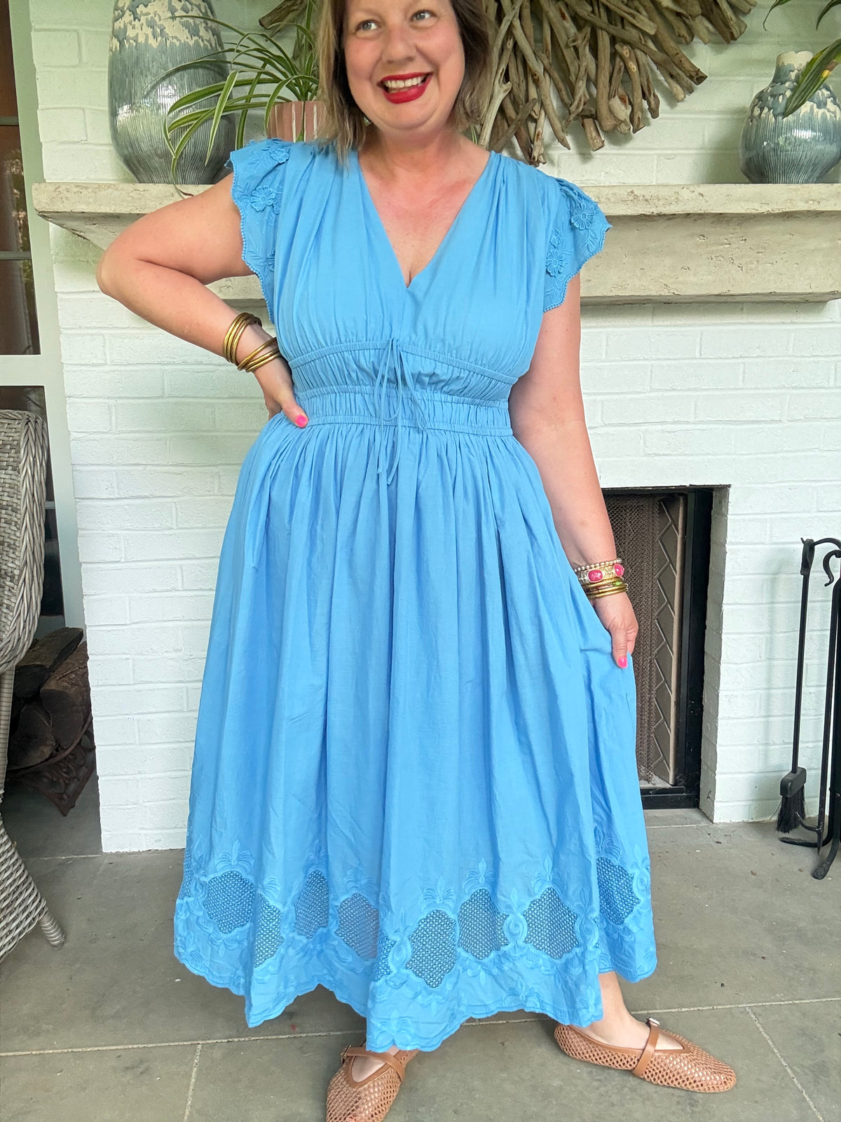 V-Neck Flutter Sleeve Elastic Waist Midi Dress with Tie Front Detail - Faded Blue