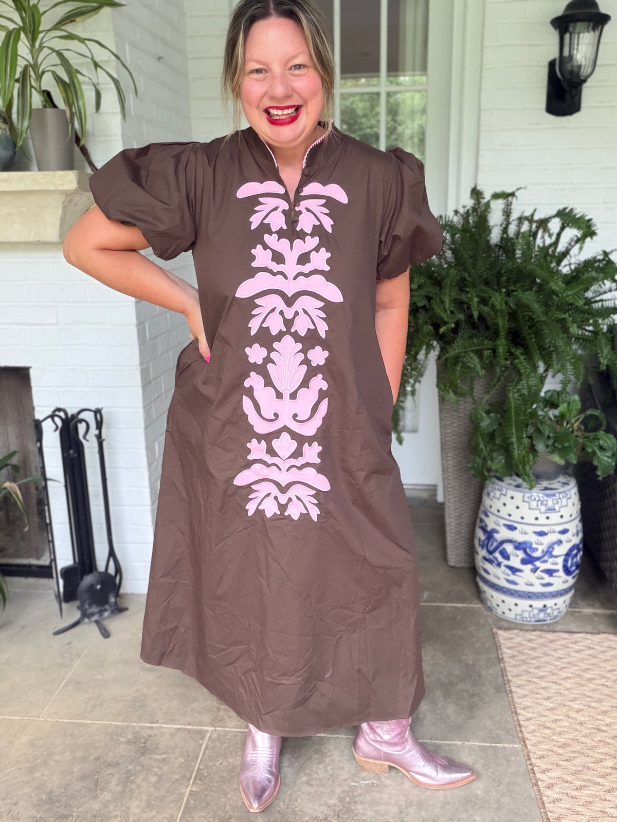 Brown and Pink Floral Puff Sleeve Dress
