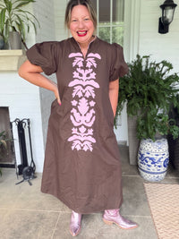Brown and Pink Floral Puff Sleeve Dress