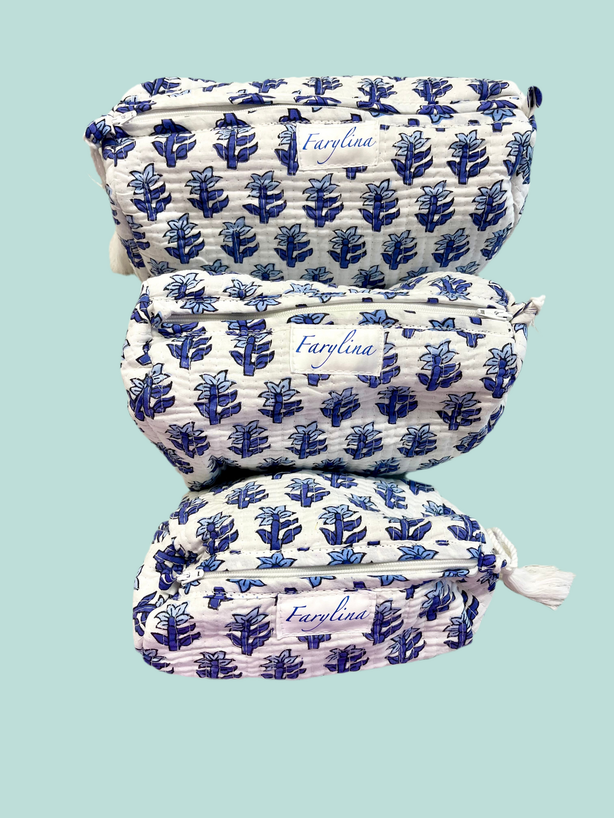 Royal Blue & Light Blue Floral Quilted Cosmetic Bag - Multiple Sizes