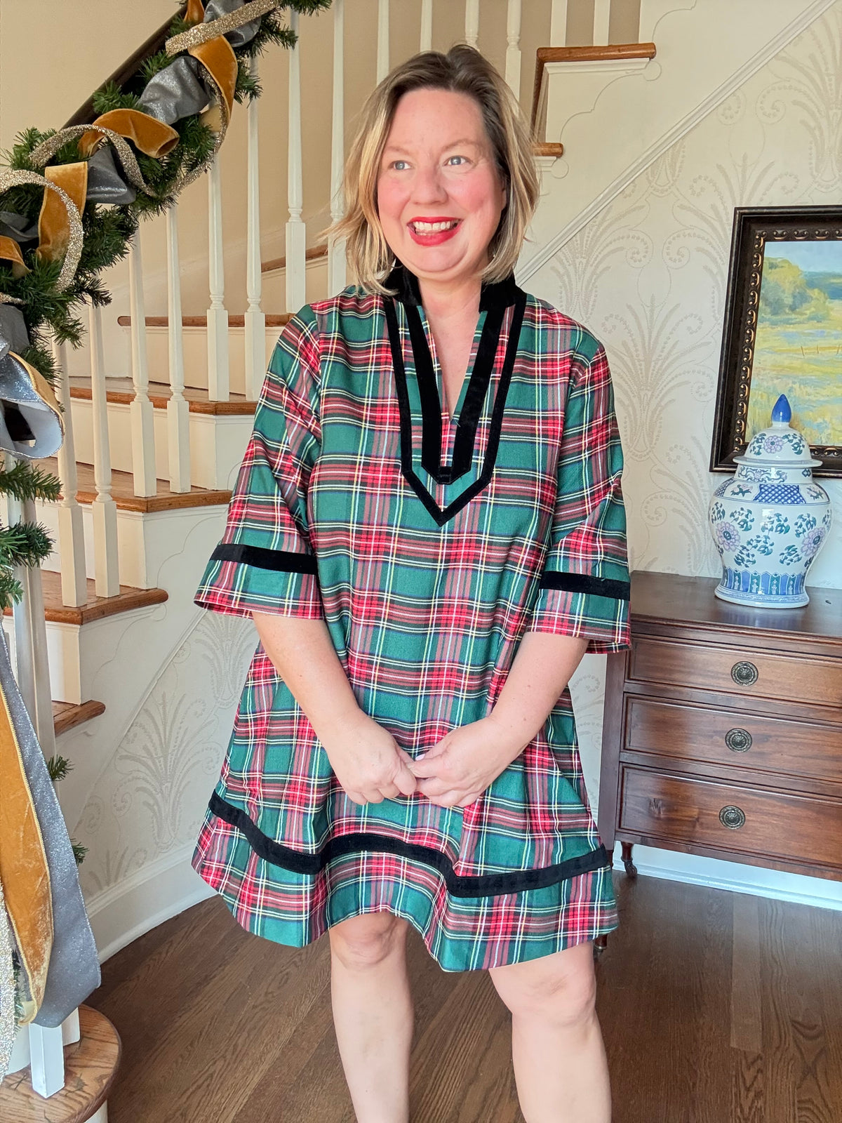 Holiday Plaid Dress with Trim - Green