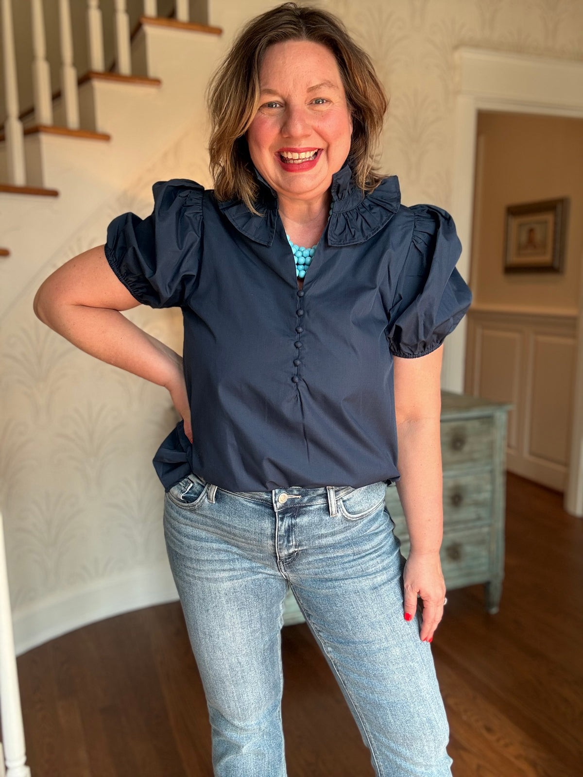 Navy Rachel Ruffle Collar Blouse