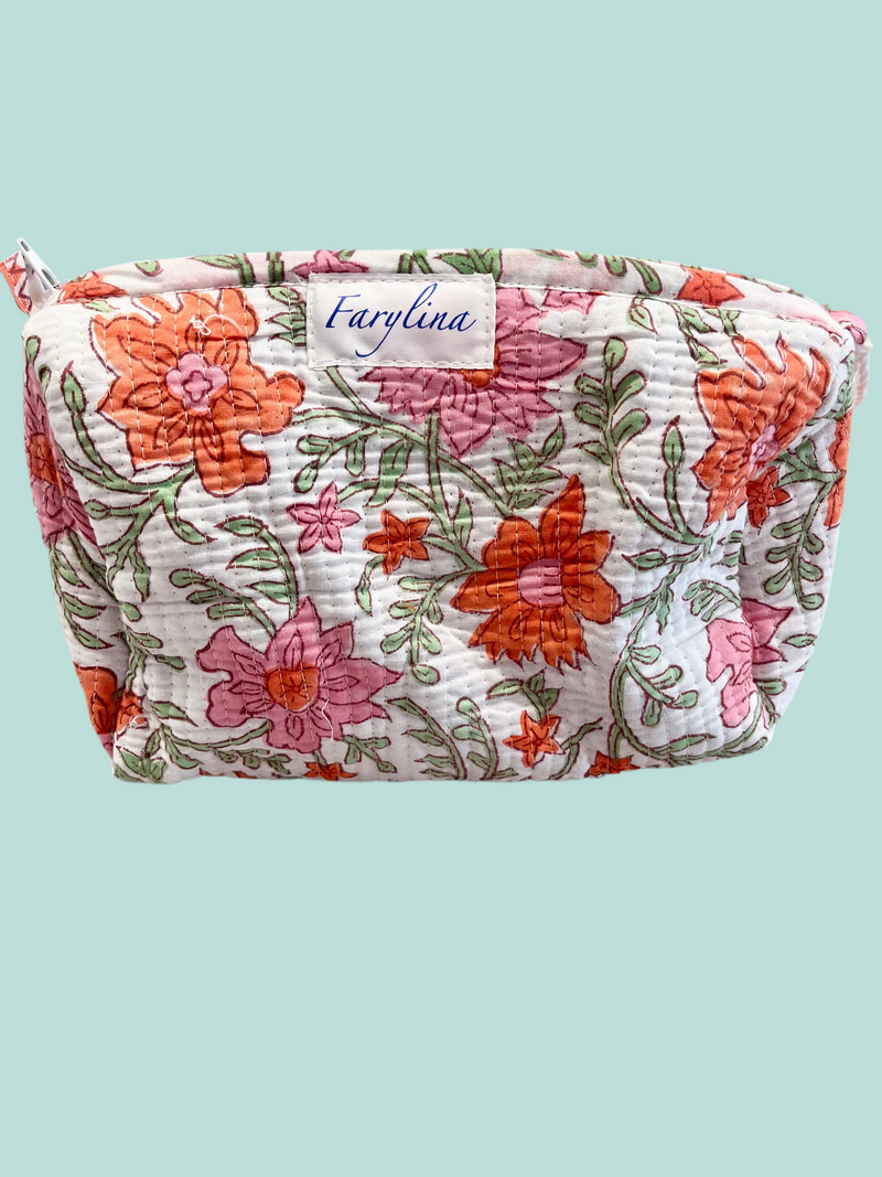 Pink & Orange Floral Quilted Cosmetic Bag - Multiple Sizes