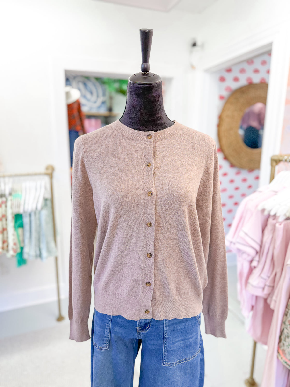 Crew Neck Button Down Cardigan - Heather Grey
