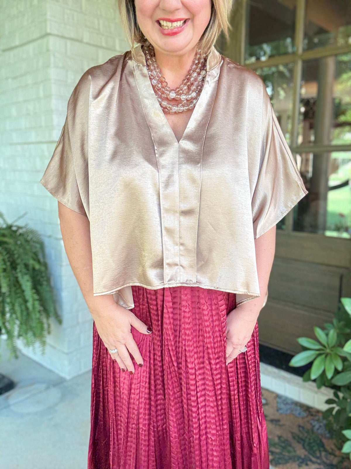 V-Neck Short Sleeve Oversize Top - Taupe