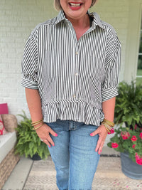 Falling for Stripes Ruffle Top - Black