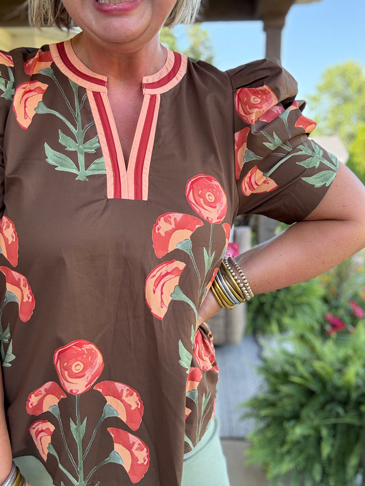 Avery Floral Puff Sleeve Top - Brown