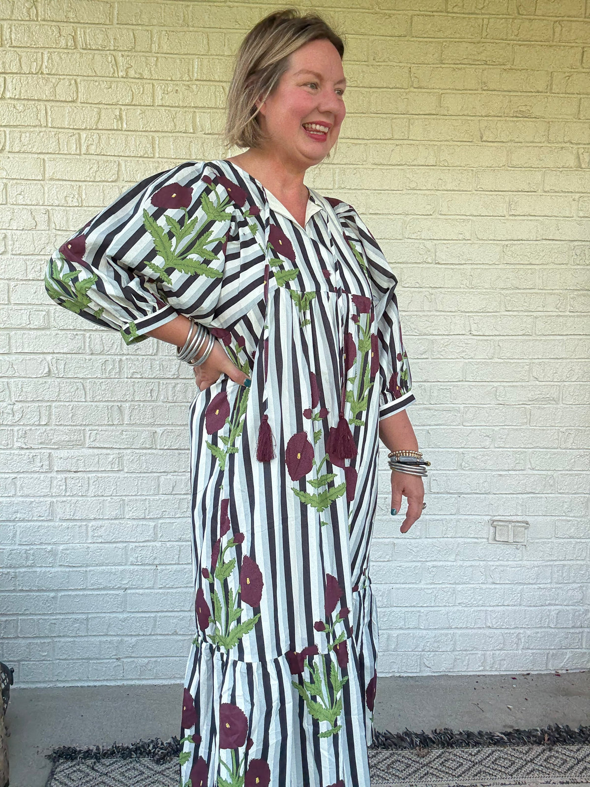 The Harper Boho Stripe and Floral Midi Dress