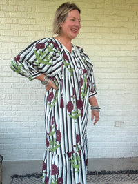 The Harper Boho Stripe and Floral Midi Dress
