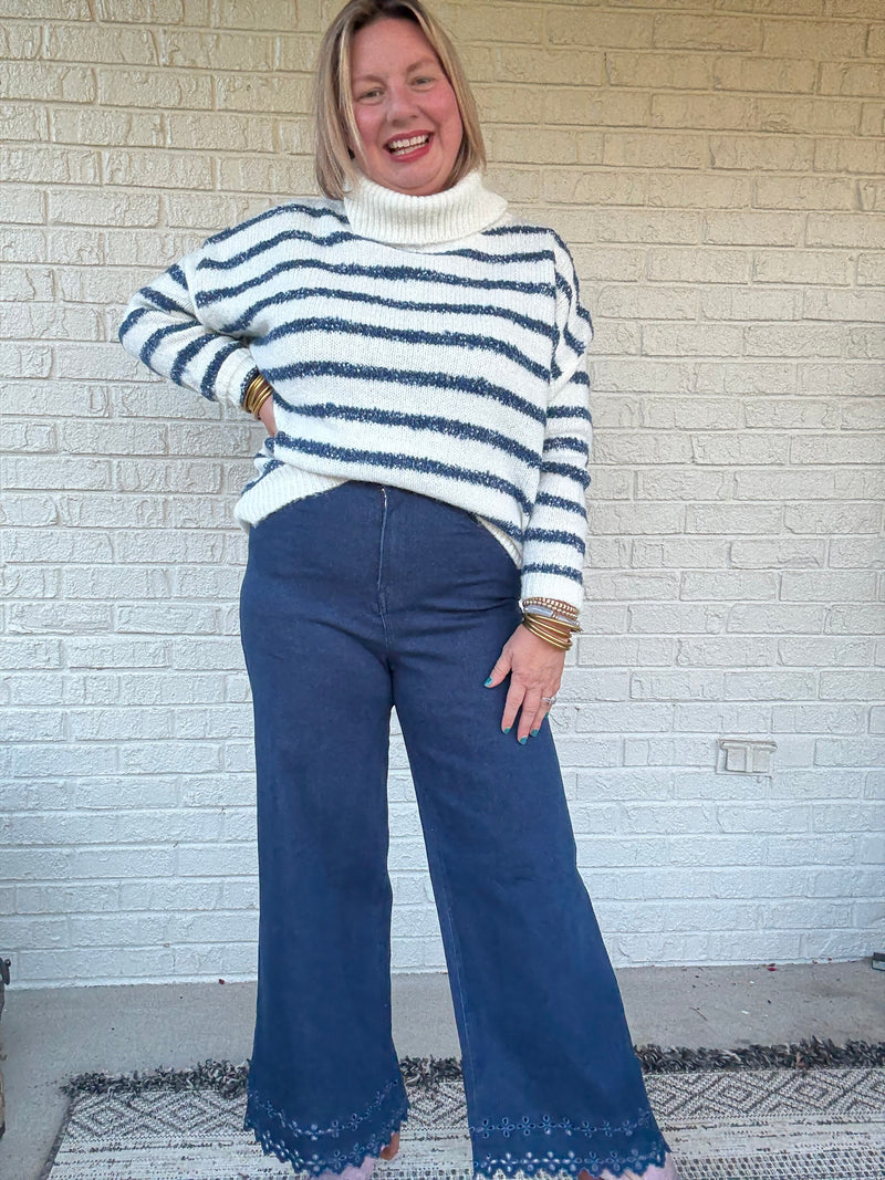 Coastal Chill Blue Stripe Turtleneck Sweater