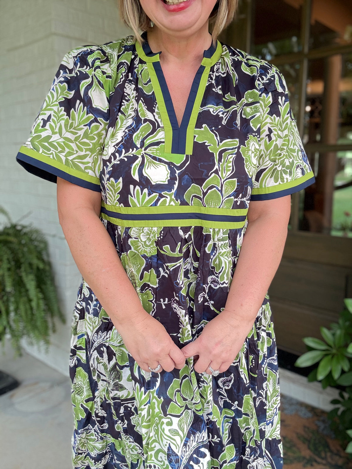Navy Green Floral Boho Print Dress - Navy