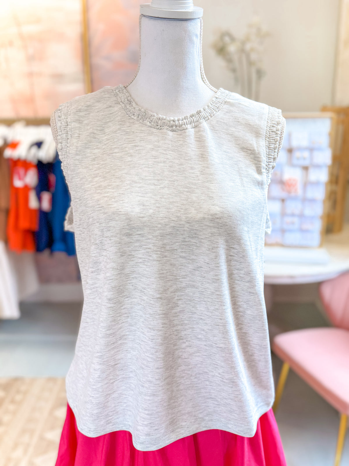 Ruffle Trim Sleeveless Top - Heather Grey