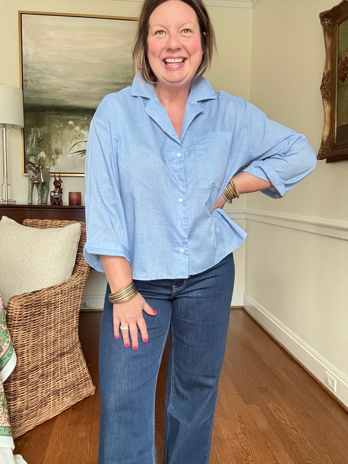 Wide 3/4 Sleeve Blue Shirt