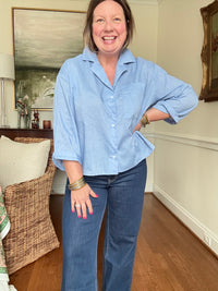 Wide 3/4 Sleeve Blue Shirt