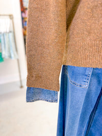 Denim Collar Contrast Knit Cardigan - Mocha