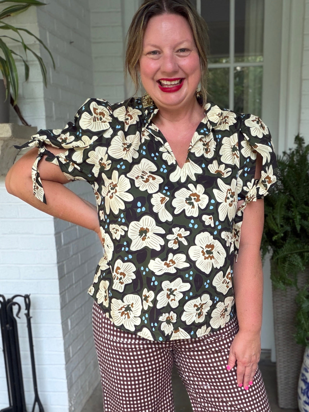 Floral Top with Bow Tie Sleeve