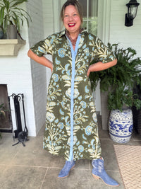 Floral Button Olive and Blue Midi Dress