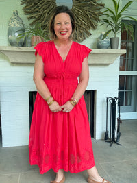 V-Neck Flutter Sleeve Midi Dress with Front Tie Front Detail - Red
