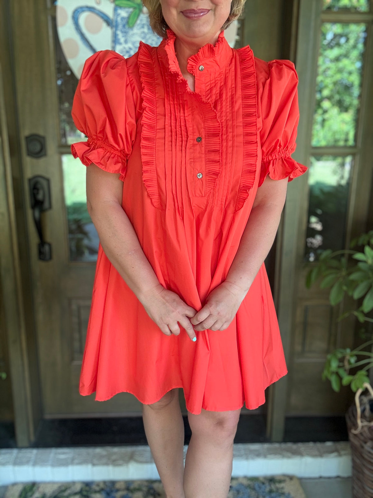 Julie Solid Ruffle Dress - Orange