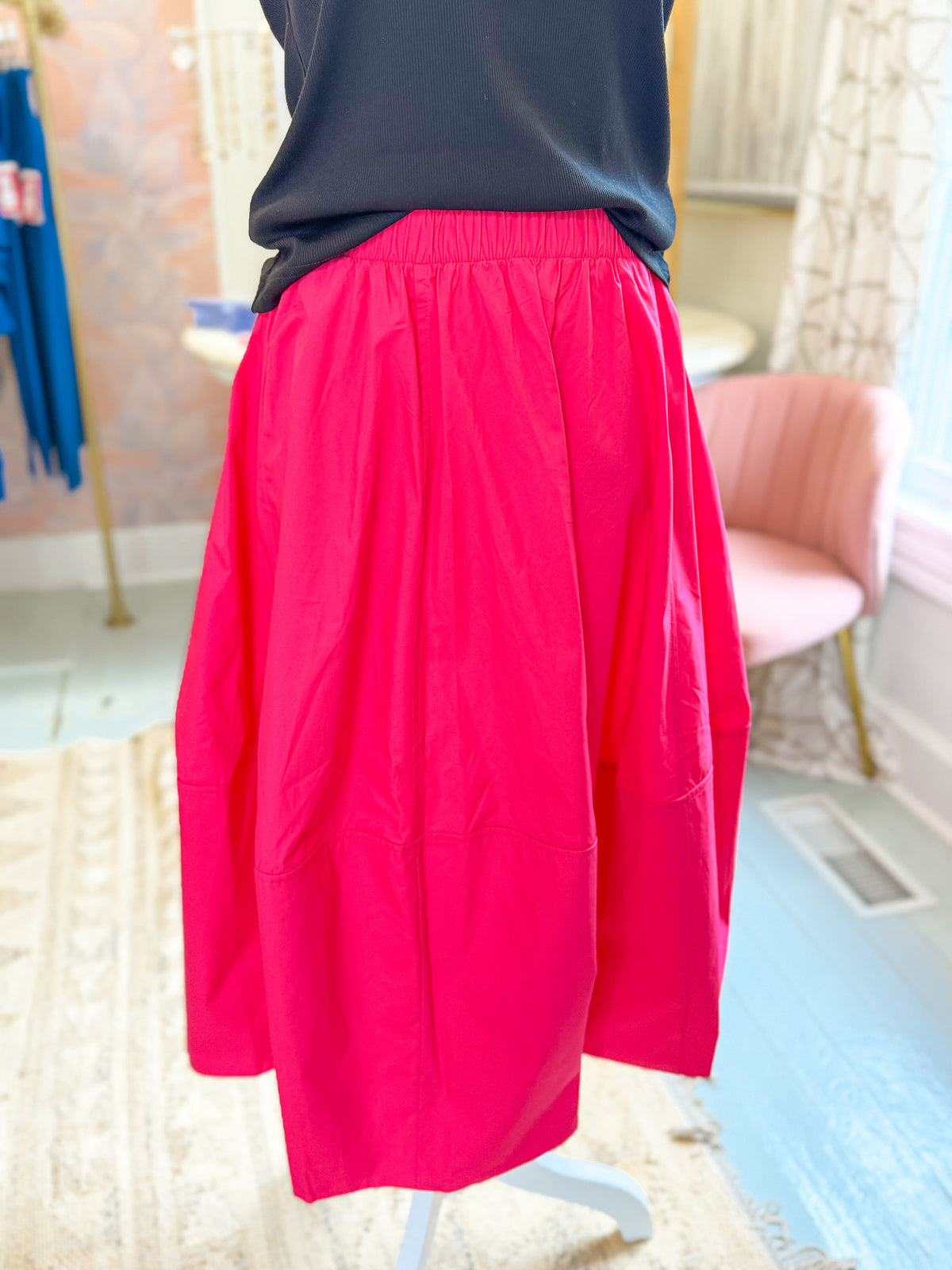 Hot Pink Elastic Waist Midi Skirt