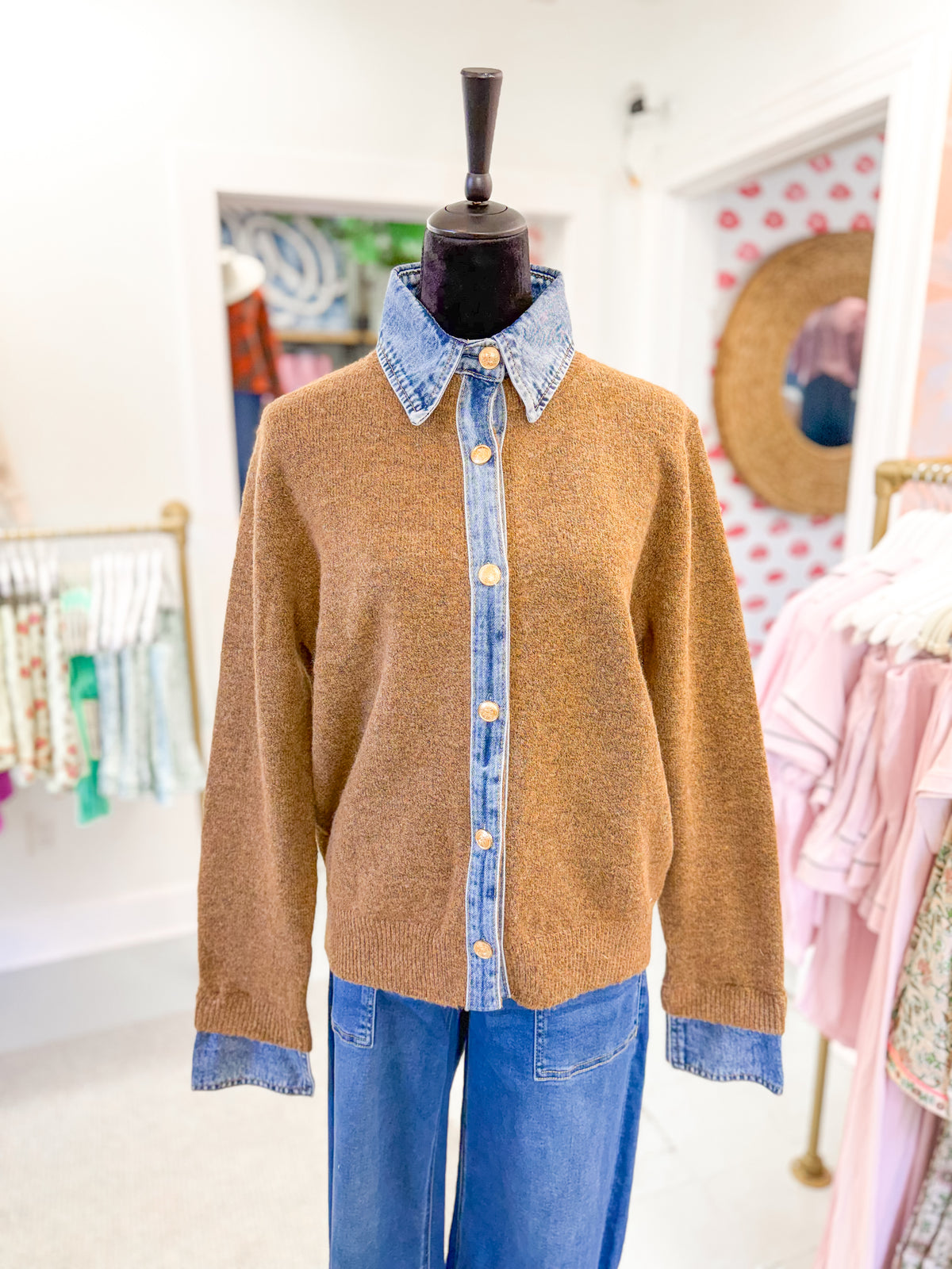 Denim Collar Contrast Knit Cardigan - Mocha