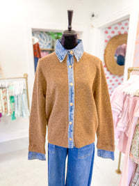 Denim Collar Contrast Knit Cardigan - Mocha
