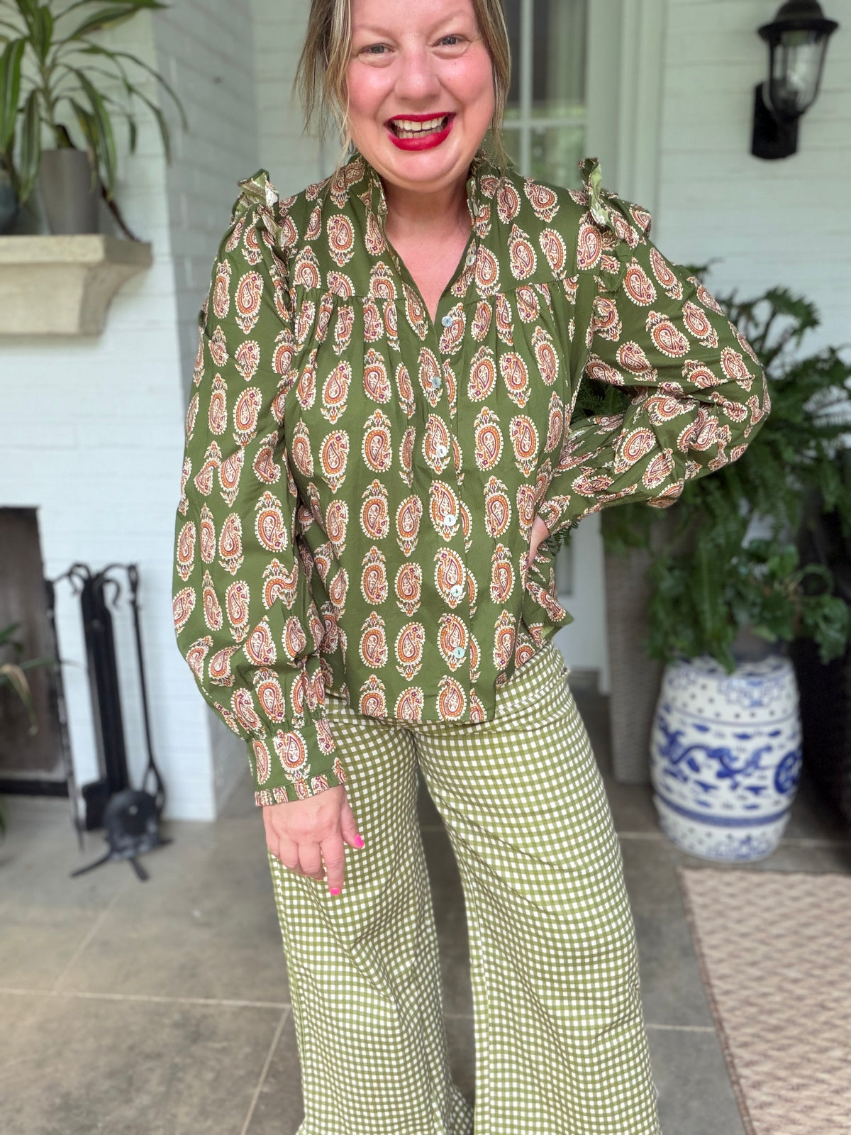 Paisley Print Button Down Shirt - Olive