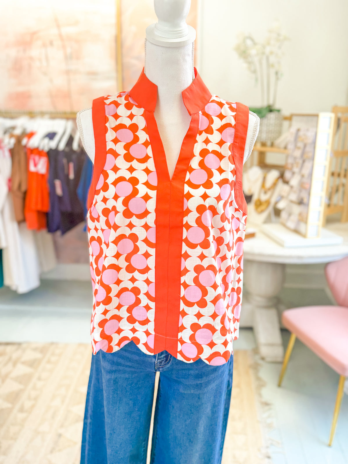 Coral Scallop Trim Sleeveless Top