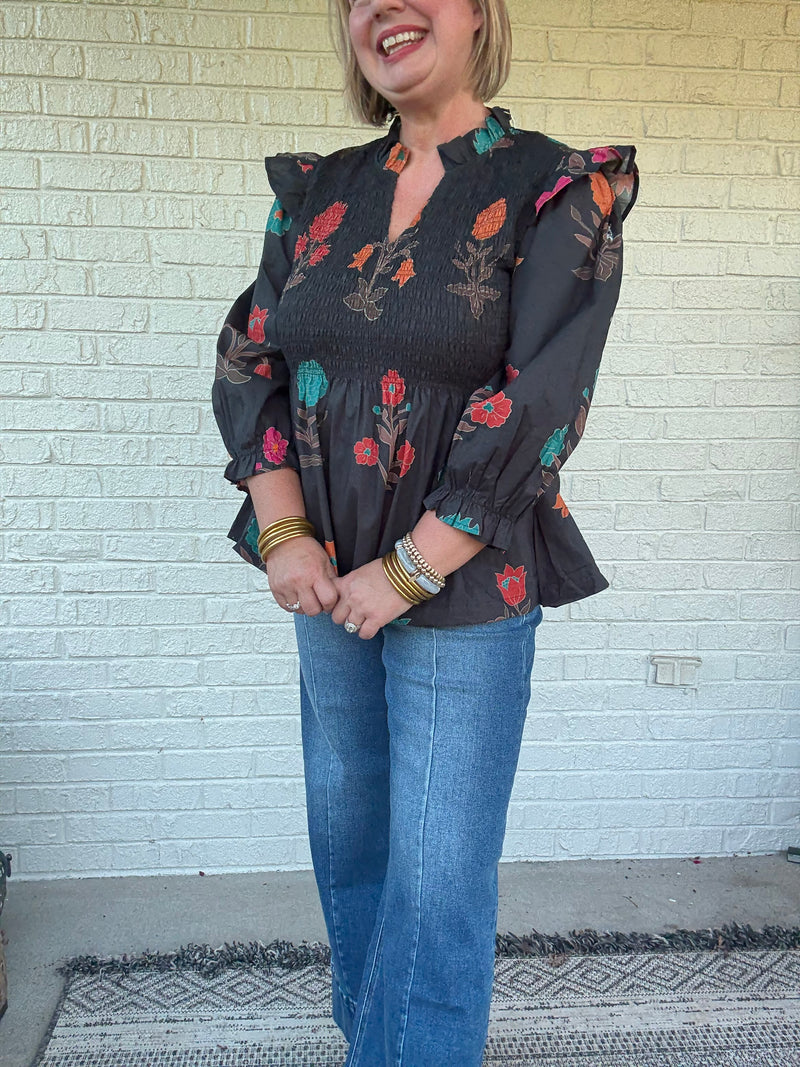 Midnight Bloom Smocked Blouse