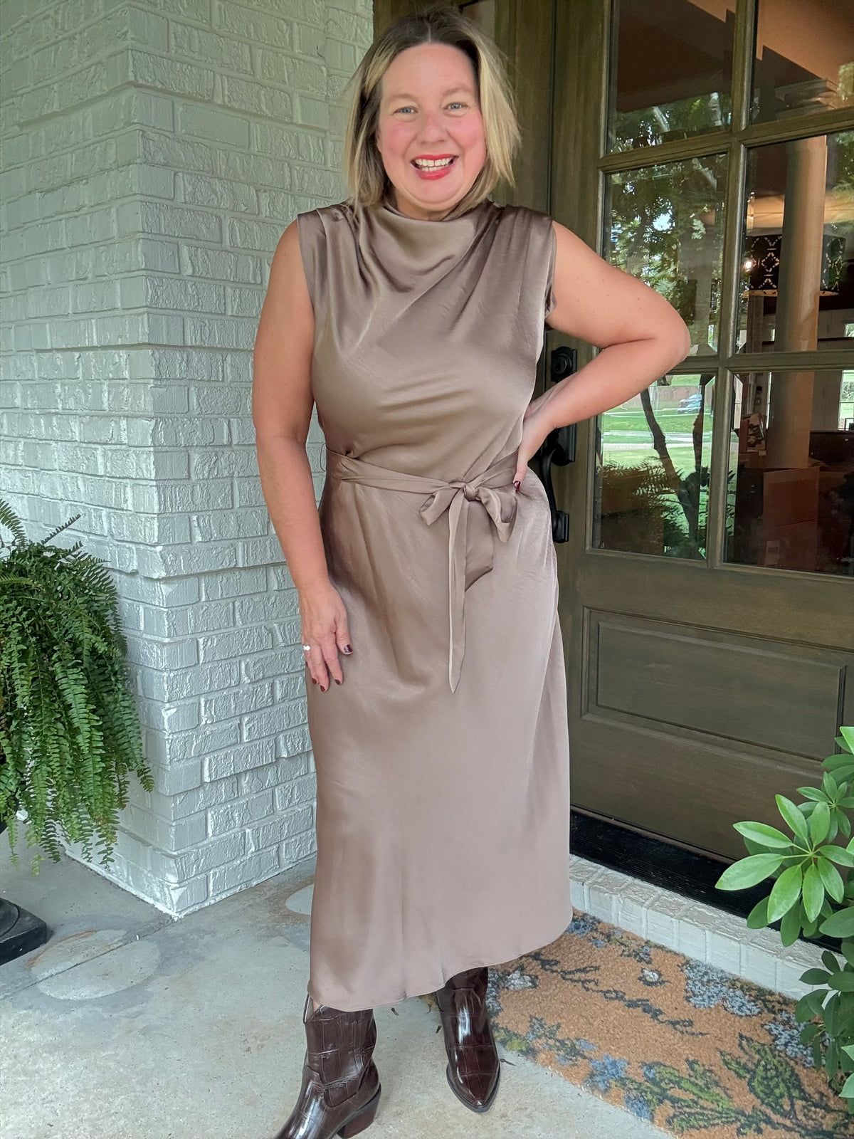 Mock Neck Sleeveless Midi Dress - Taupe