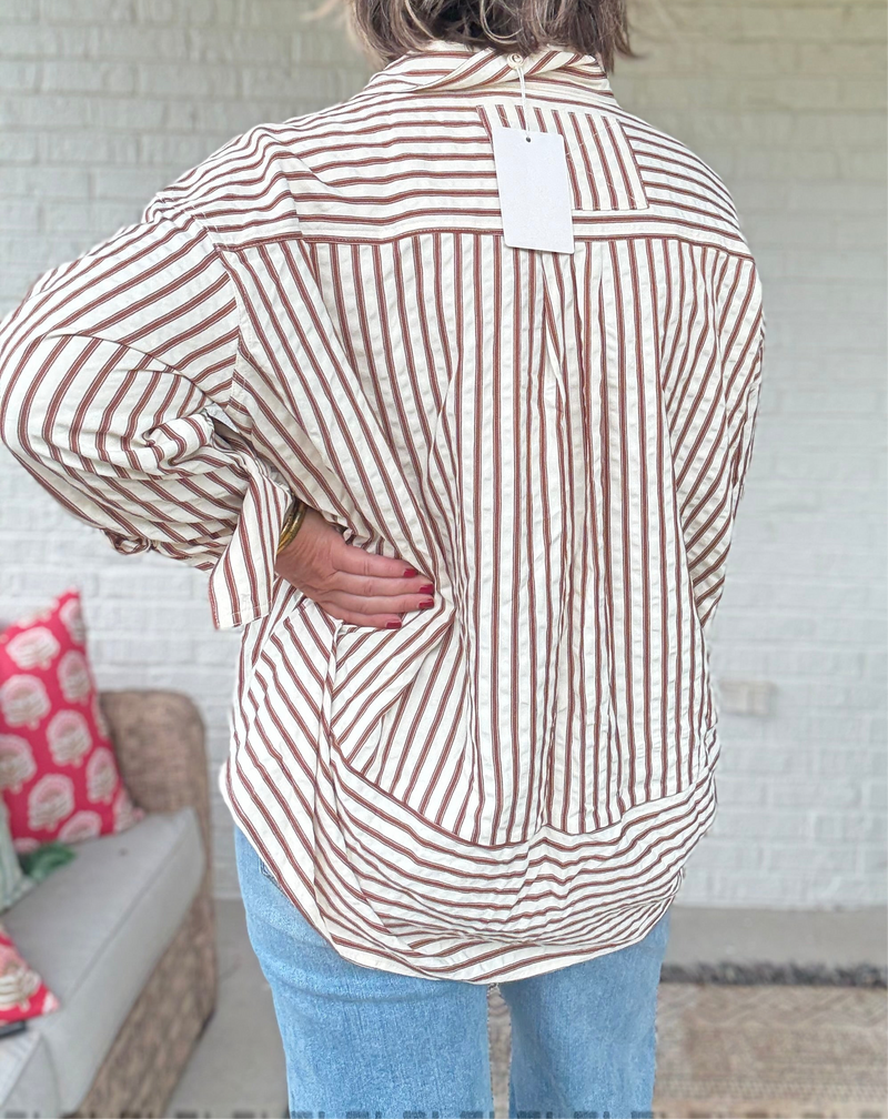 Hazel Stripe Button Up Top - Brown