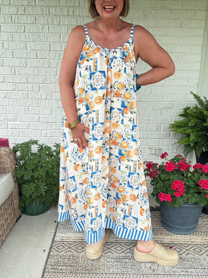 Felicity Fruit Dress w/ Tie Waist - Blue
