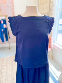 Cropped Scalloped Edge Navy Blue Top