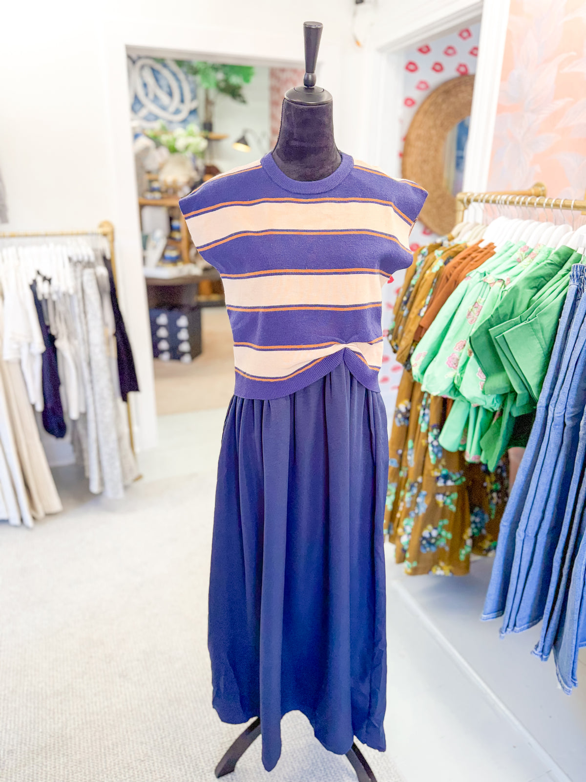 Navy and Camel Striped Sweater Dress