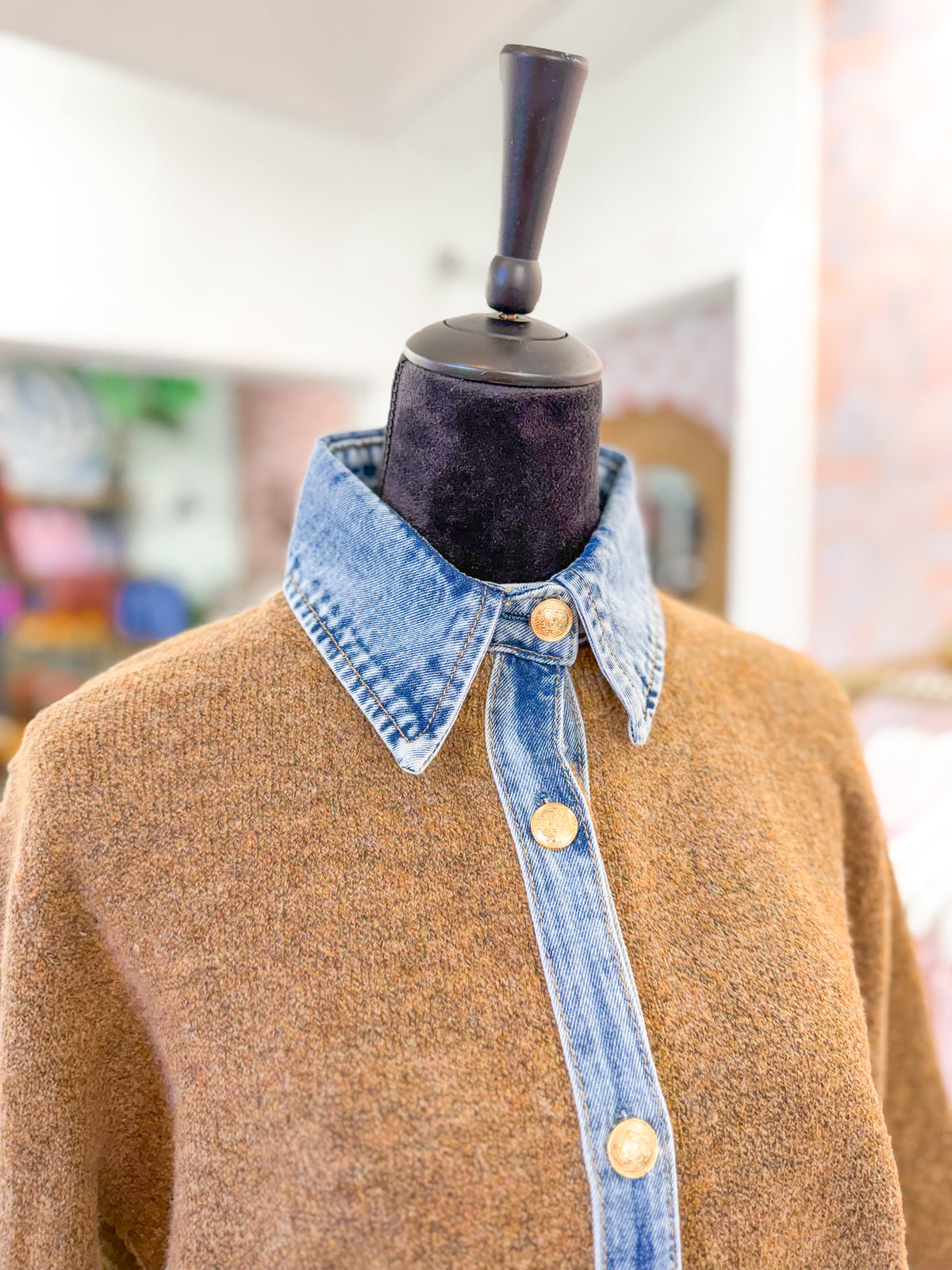 Denim Collar Contrast Knit Cardigan - Mocha