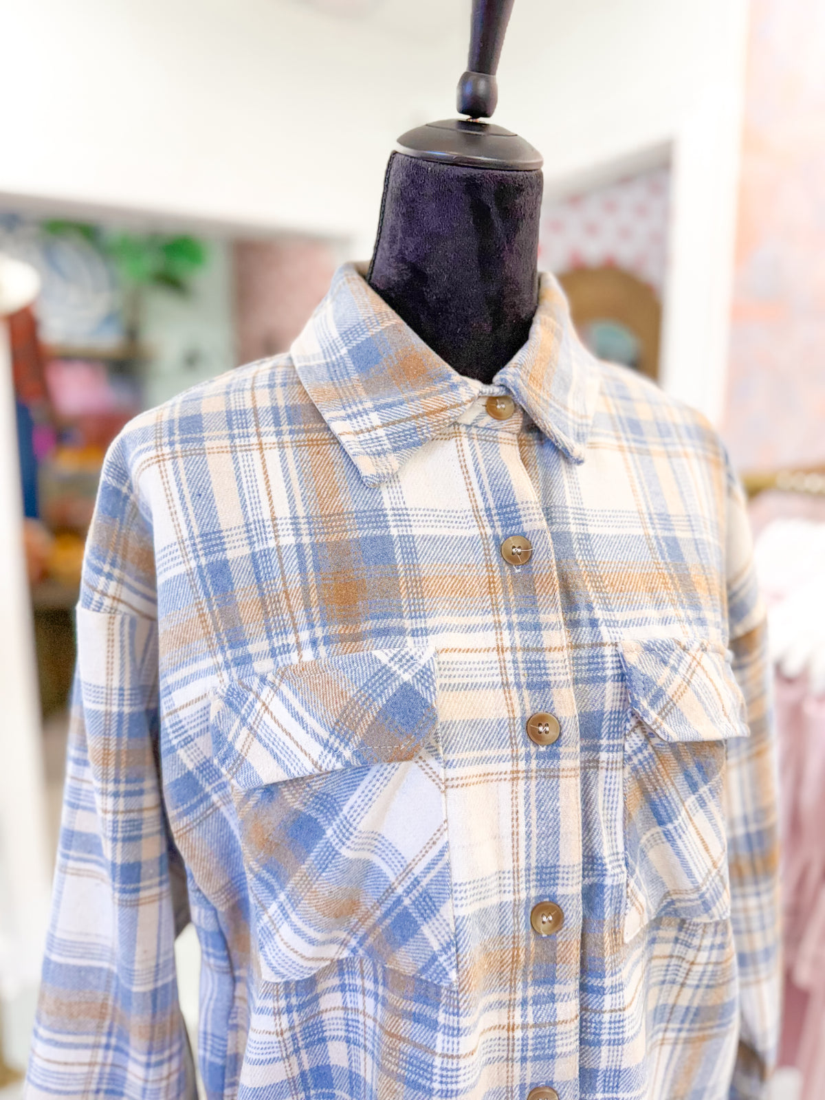 Double Chest Pocket Button Down Jacket - Ivory and Blue