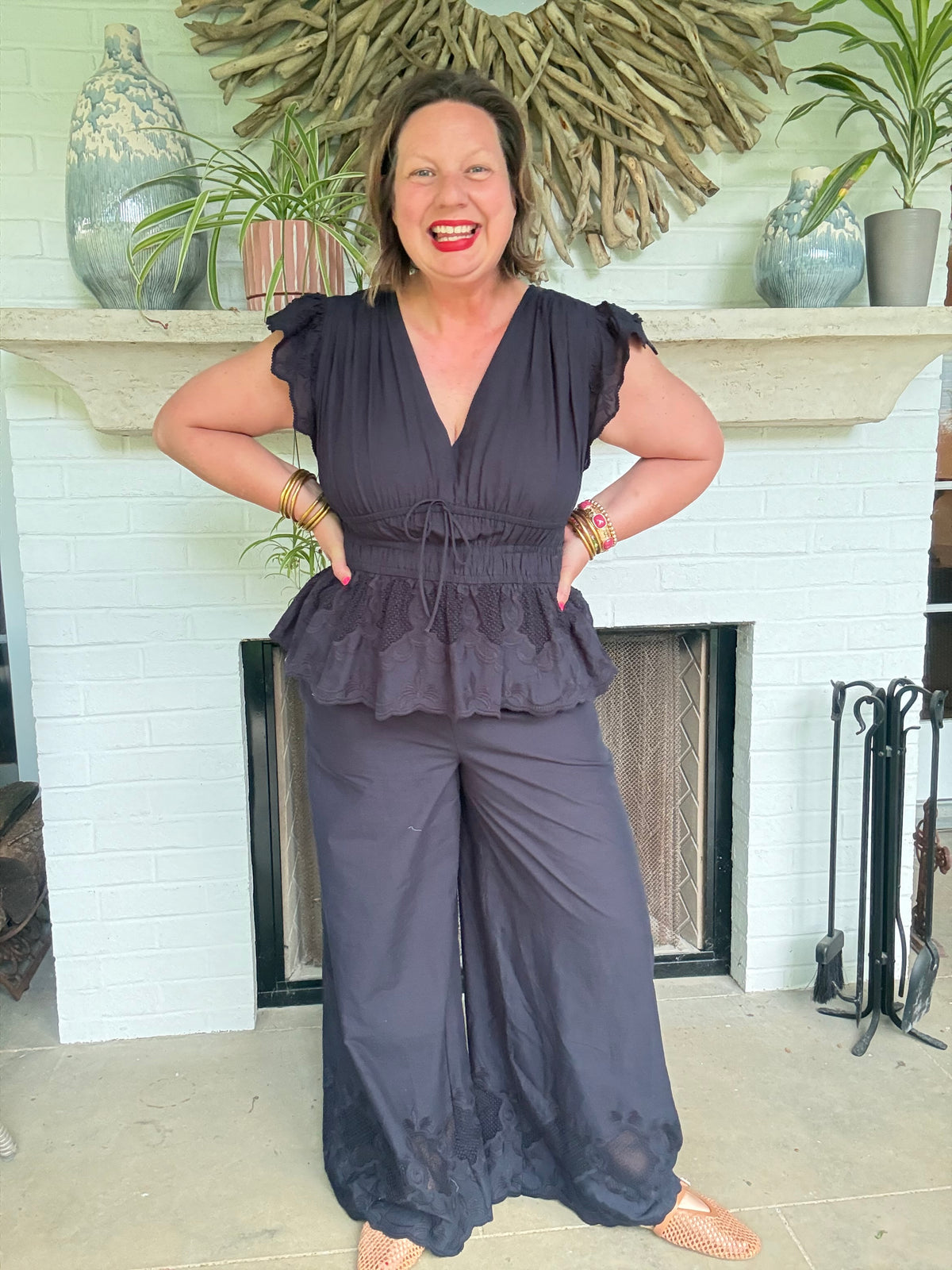 High Rise Elastic Waist Ankle Length Wide Leg Pant - Navy